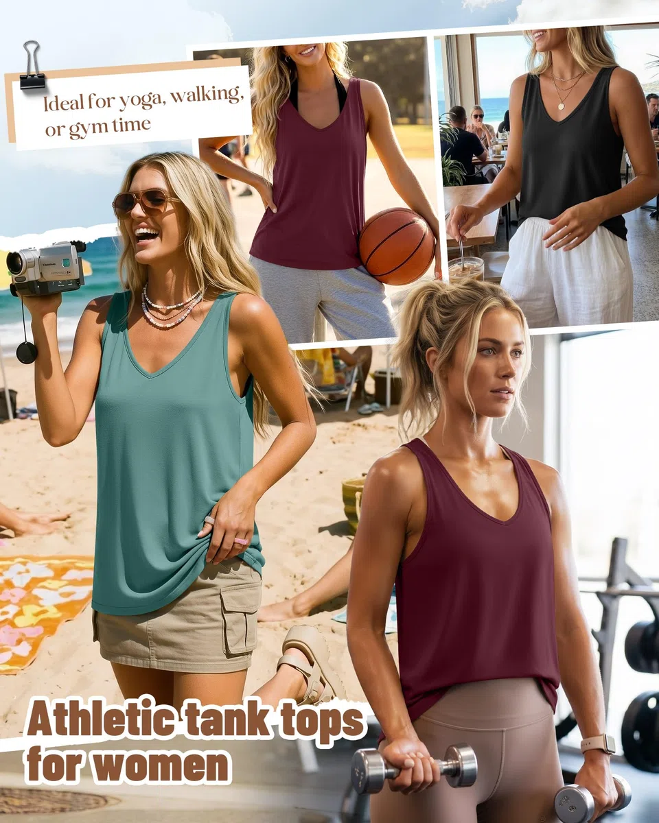 Geyoga - Paquete de 3 Camisetas sin Mangas para Mujer, Estilo Veraniego, Cuello en V, Espalda Deportiva, Corte Holgado, Informales, sin Mangas, Ideales para Hacer Ejercicio, Yoga y Deportes.