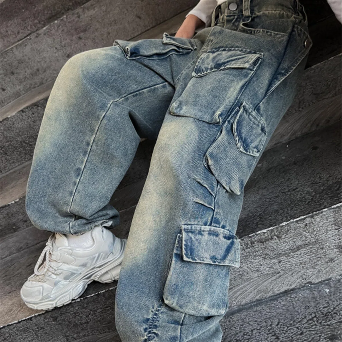 Pantalones vaqueros para niñas rotos y descoloridos, holgados, de pierna ancha, pantalones de mezclilla casuales, talla 5 – 16
