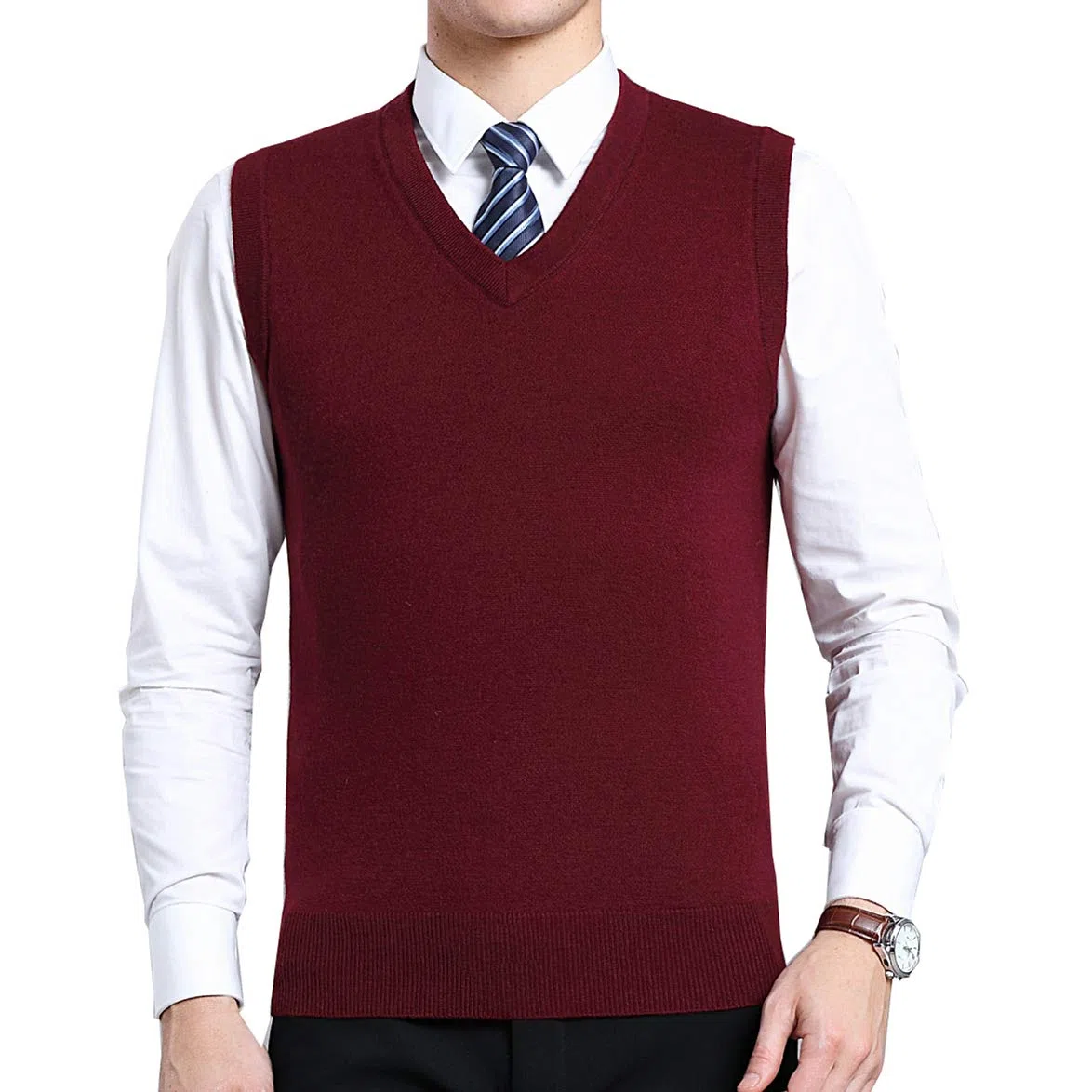 Hombres Lana Cómodo Color Sólido Sin Mangas De Punto Suéter Chaleco, Otoño Invierno Negocios Casual V-Cuello Suéter Sin Mangas