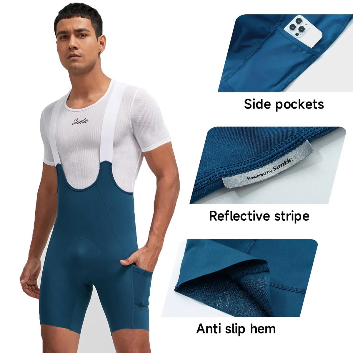 Santic Pantalones cortos de ciclismo para hombre, mallas acolchadas 4D con bolsillo