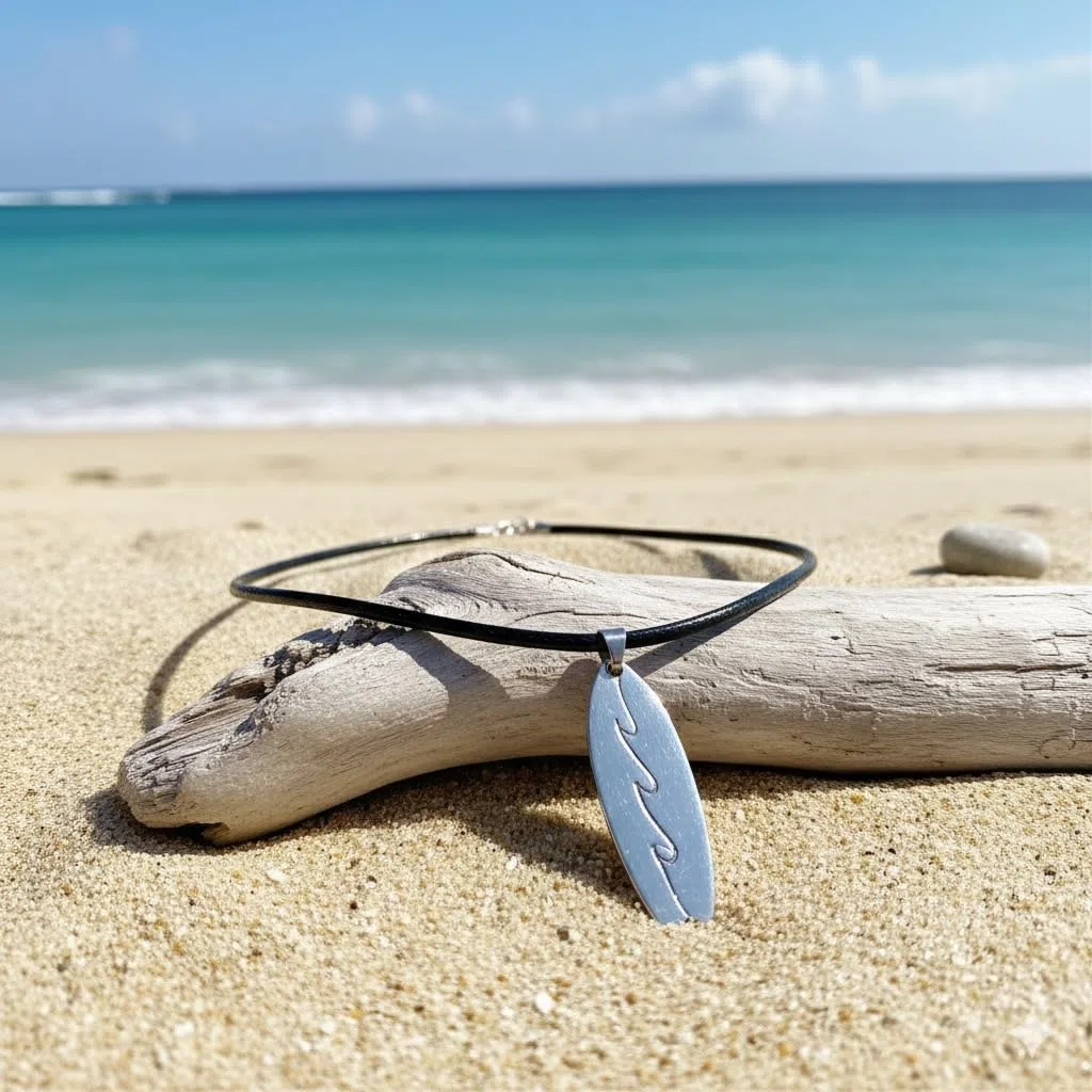 Colgante Tabla de Surf Personalizada de Aluminio con Grabado de Nombre - Joyería Surfera Artesanal Hecha a Mano - Regalo para Surfistas, Collar con Cordón de Cuero Negro 50cm, Diseño de Olas, Unisex