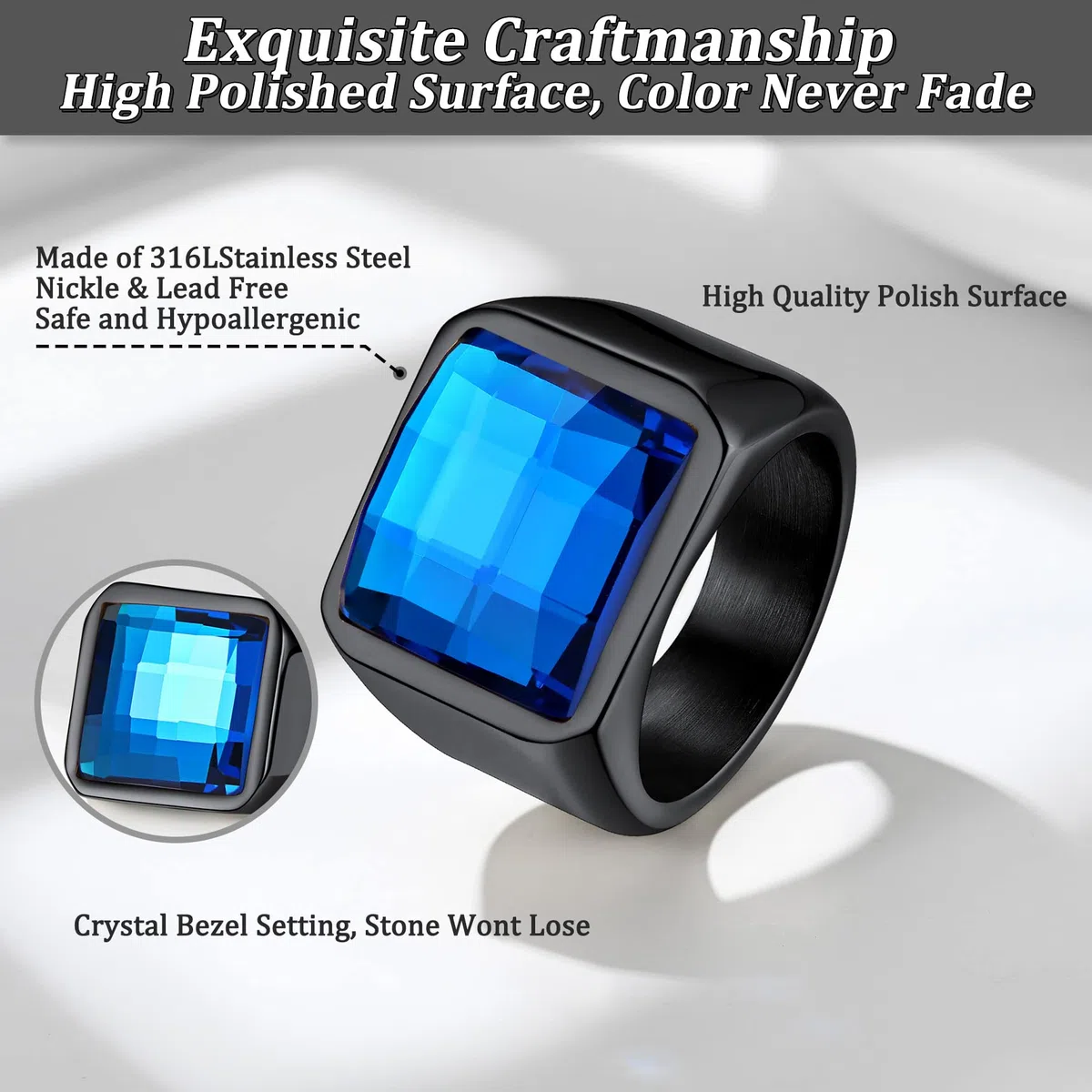 Bestyle Anillo Hombre Grande Anillos de Sello Cuadrado 15mm Ancho Anillo con Piedra Negro/Azul Anillos Acero Inoxidable Personalizados Anillos Hombre Tamaño 14.5-32.5