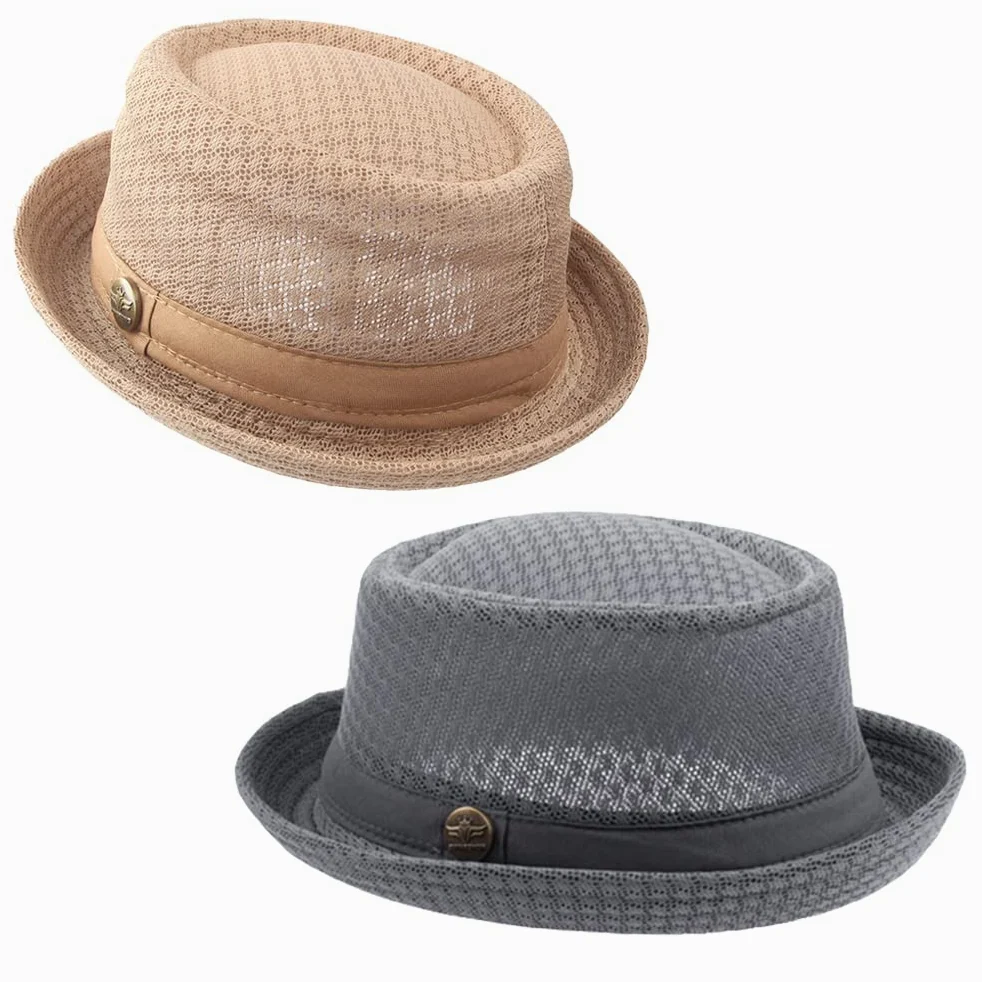 ZffXH Sombrero Pork Pie Hombre, 2 Piezas De Malla De Verano, Sombrero De Pastel De Cerdo, Sombreros De Bolos, Sombreros Frescos para Fiesta En La Playa, Gorra De Barco, Sombreros De Paja para Fiesta