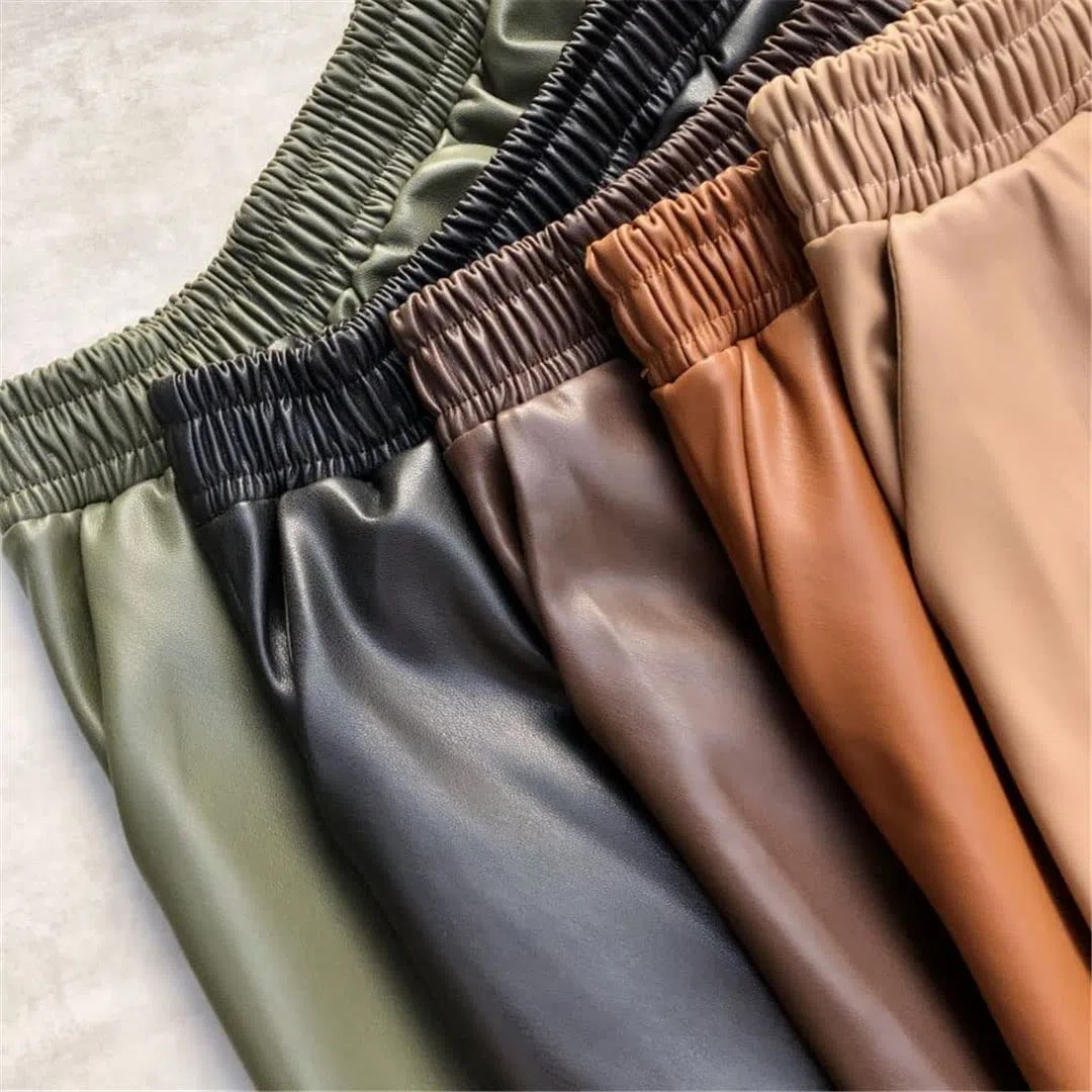 Faldas largas de Piel sintética para Mujer, con Bolsillos, Cintura elástica, Corte en A, Falda Acampanada (Beige, Talla única)