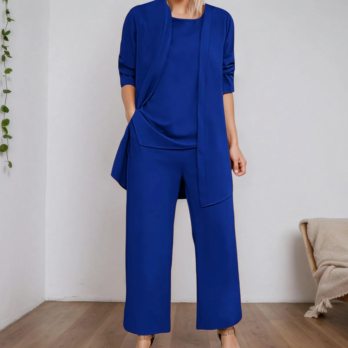 Traje de pantalón para mujer, verano, 3 piezas, gasa, festivo, elegante, de encaje, juego de vestido de boda, oficina, negocios, traje de tres piezas, traje de ocio, elegante, ropa de trabajo