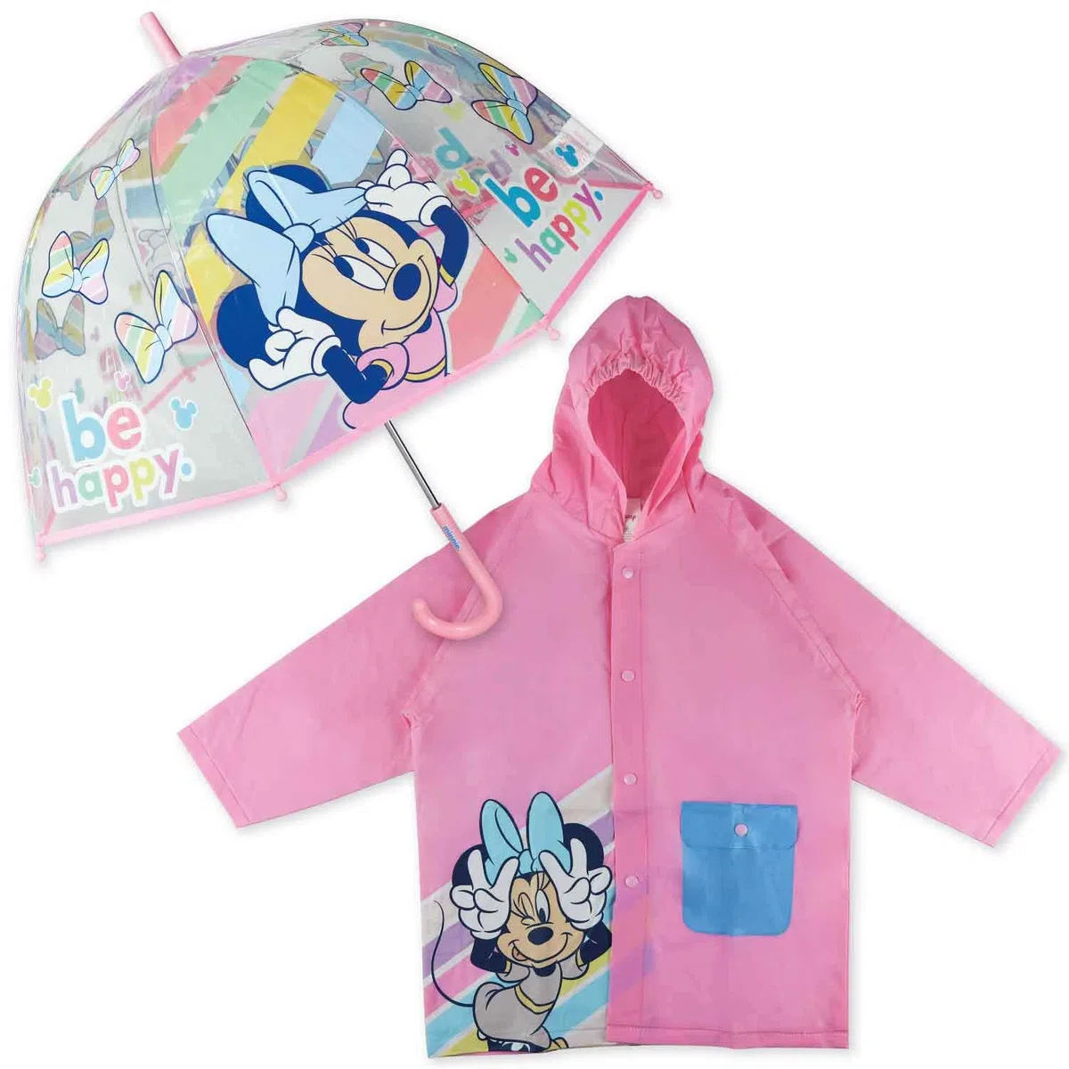 Paraguas Transparente Infantil y Chubasquero Pack Minnie Mouse – Paraguas Burbuja, Niña Impermeable con Capucha | para Vuelta al Cole