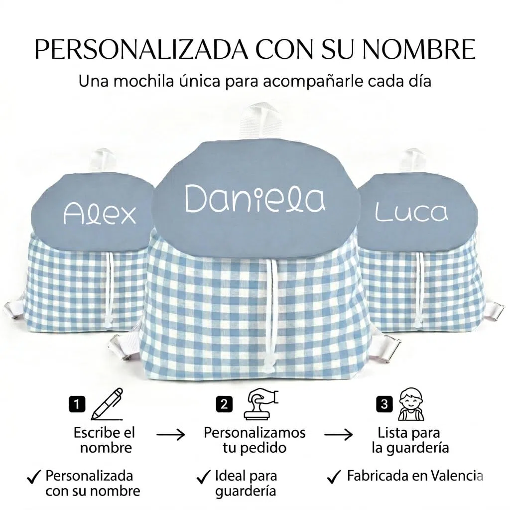 Mochila Infantil Personalizada con Nombre | Mochila Bebé para Guardería y Colegio | Mochila Vichy de Algodón con Solapa y Cordón Ajustable | Hecha en España