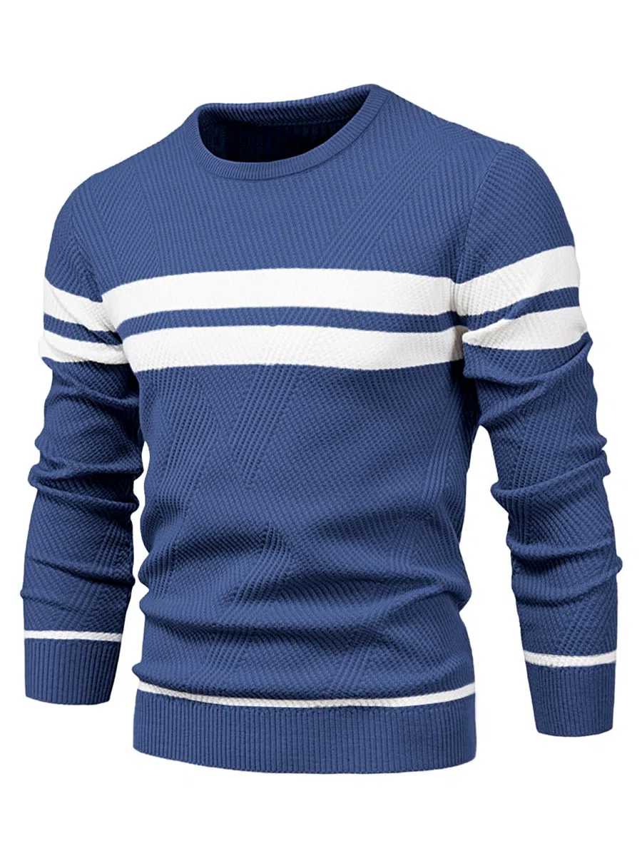 Jersey Hombre Invierno Suéter Casual con Bloques de Color Cuello Redondo Manga Larga Jersey de Uso Diario a Rayas Tops