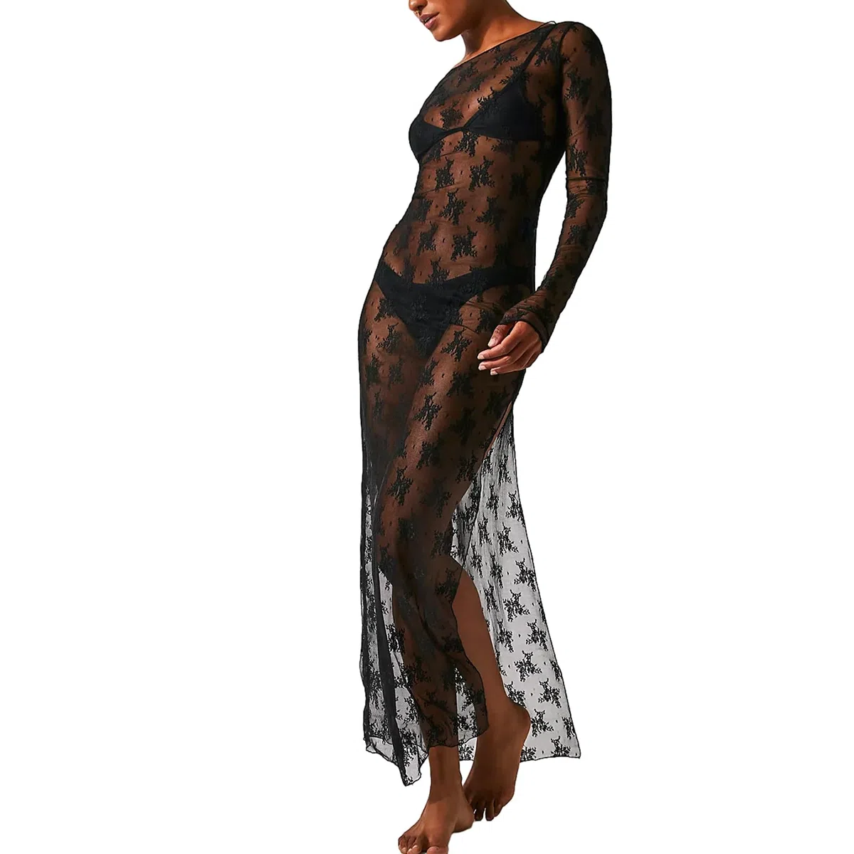 Loalirando Vestido largo mujer vestido transparente mujer vestido elegante de manga larga vestido de encaje mujer vestido de fiesta Bodycon de noche cóctel, Negro , L