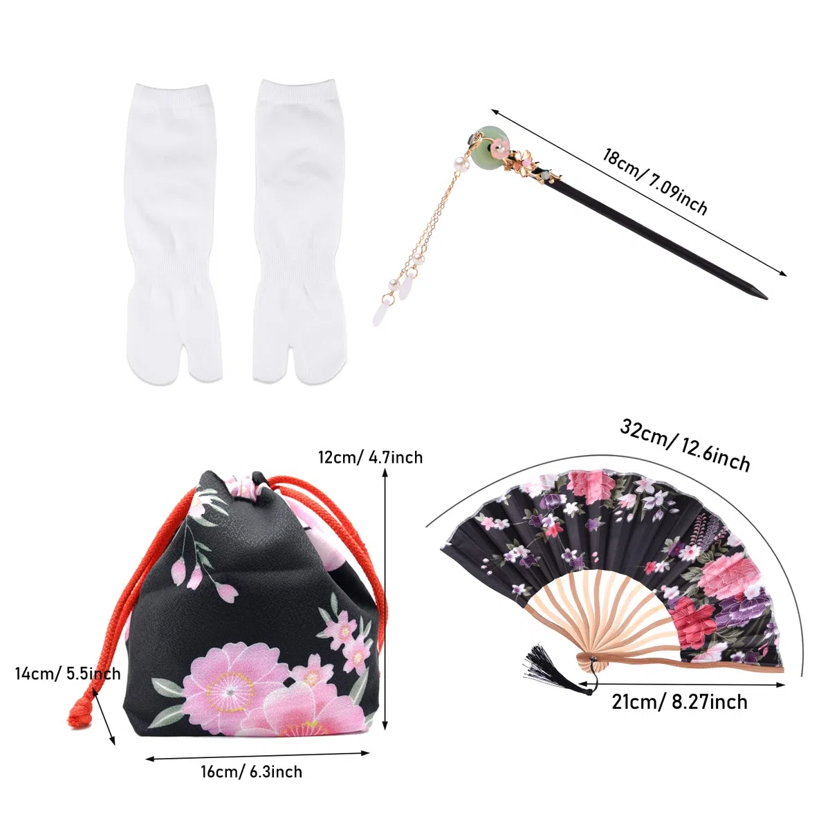 PLULON 5 uds bata japonesa Geisha Yukata vestido flor albornoz de satén con bolsa con cordón abanico de mano horquilla Tabi conjunto de calcetines