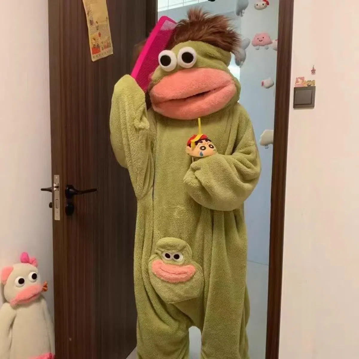 EHOTER Silly Onesie - Pijama unisex de felpa ultra suave con capucha de una pieza, color verde, divertido monstruo con capucha de boca grande, ropa de hogar para noches de cine, diversión familiar y