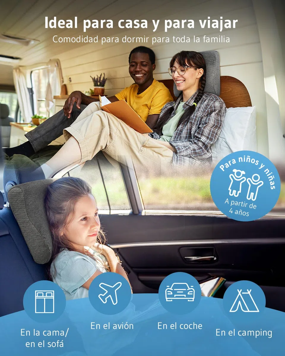 Almohada de viaje ONDA, almohada cervical espuma de memoria, cojín ergonómico contra el dolor de cuello, almohada viscoelástica antiácaros. Cojín pequeño para avión, coche, tren y camping