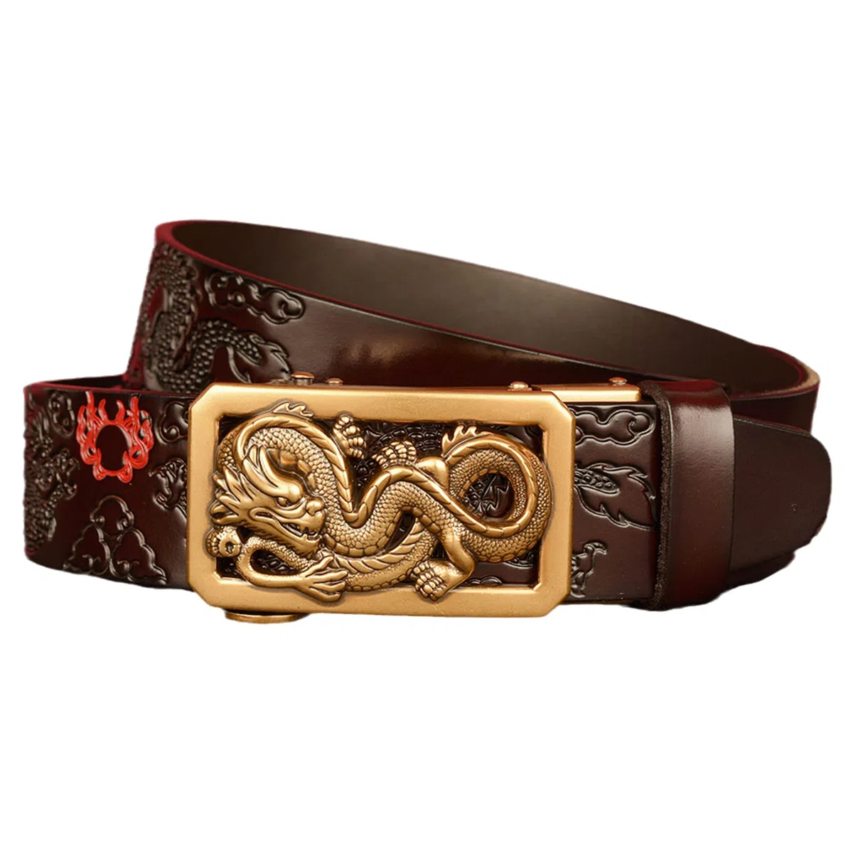Cinturón De Trinquete For Hombre 3,5 Cm Cuero Genuino Con Hebilla Deslizante Automática Y Escultura Dragón Dorado Hueco Grabado