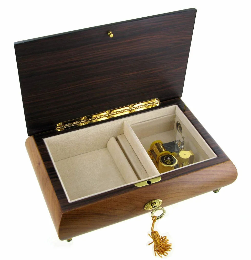 Caja de música para joyas/joyero musical de madera natural con marquetería "instrumentos musicales" y mecanismo musical de resorte de 18 notas - El vals de Amélie Poulain - Amélie (Yann Tiersen)