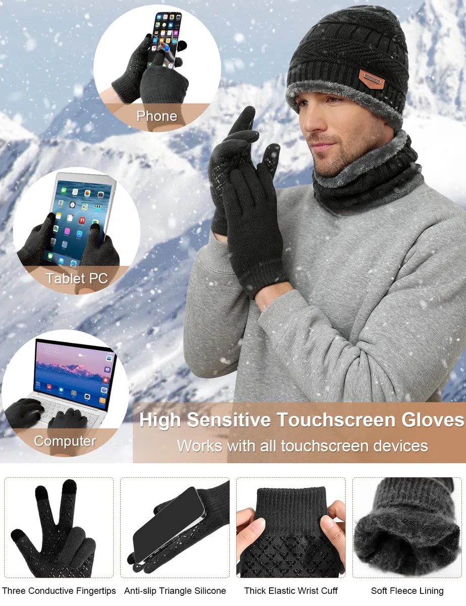 heekpek Set de Bufanda Gorro Guantes Orejeras y Calcetines Hombre de Punto Invierno Suave Térmico Conjunto de 5 Piezas para Hombre