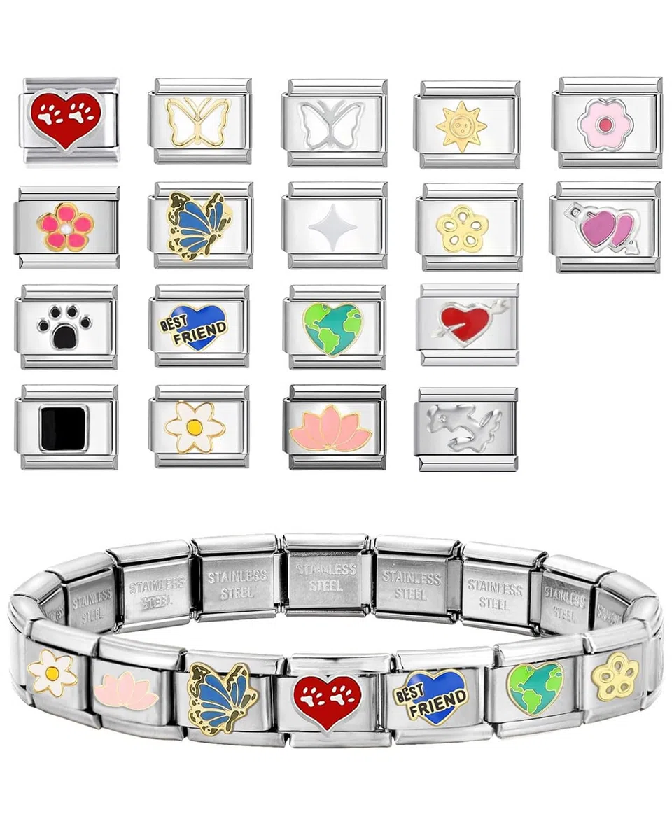Pulsera italiana con dijes, 18 dijes italianos adicionales con herramienta de apertura, eslabón modular extraíble de 9 mm, dijes de estilo italiano para mujer (estilos aleatorios)