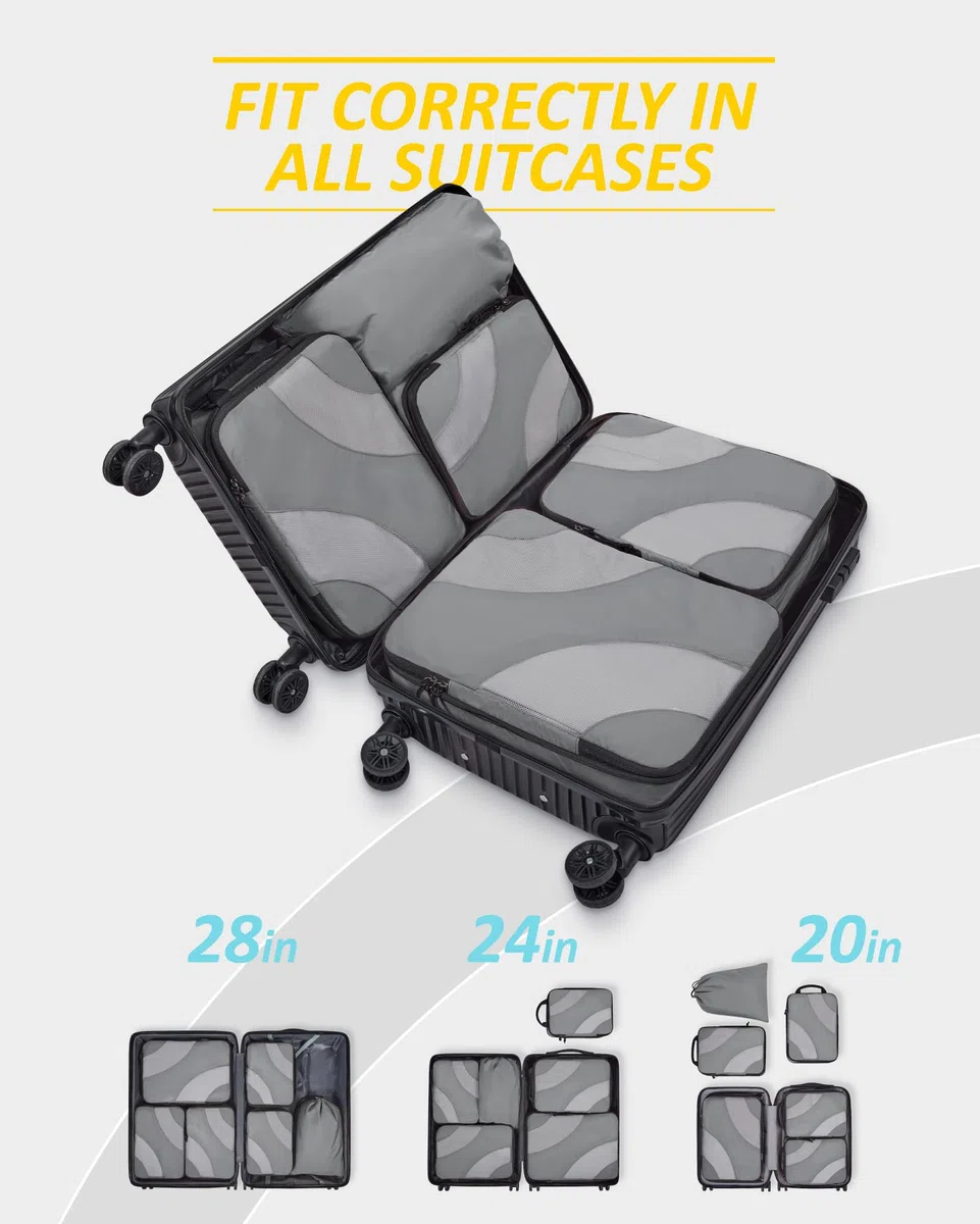 Cubo de embalaje de compresión para viajes, BAGSMART 6 Set de cubos de embalaje de viaje para maleta, bolsa organizadora de maleta de compresión, 05-gris, 6 unidades