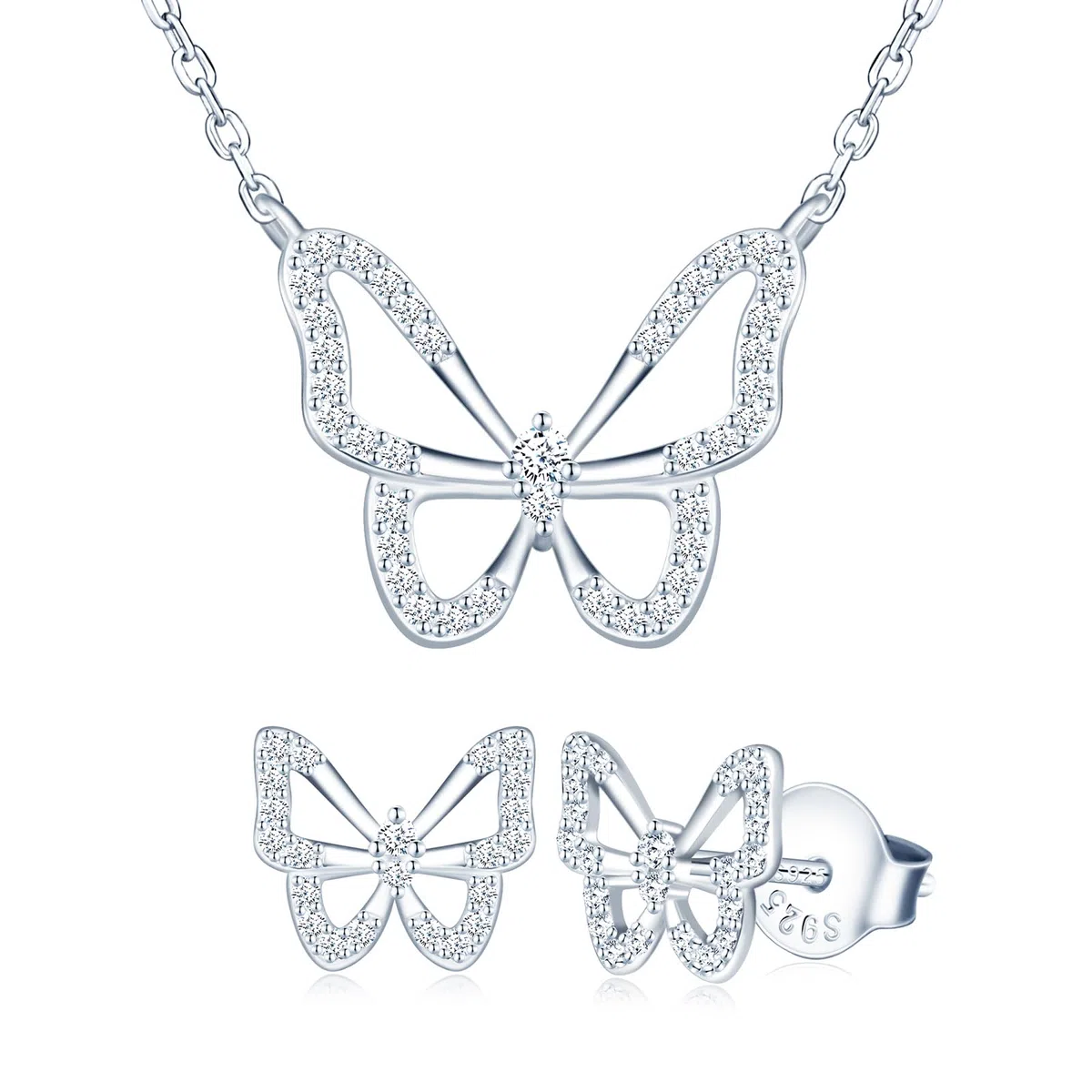 Mariposa Juego de Joyas de Plata Conjunto Collar y Pendientes Mariposa con Circonita - Forma de Mariposa Aretes & Collar con Colgante Regalos para Mujer Niña Esposa Amante Novia Madre