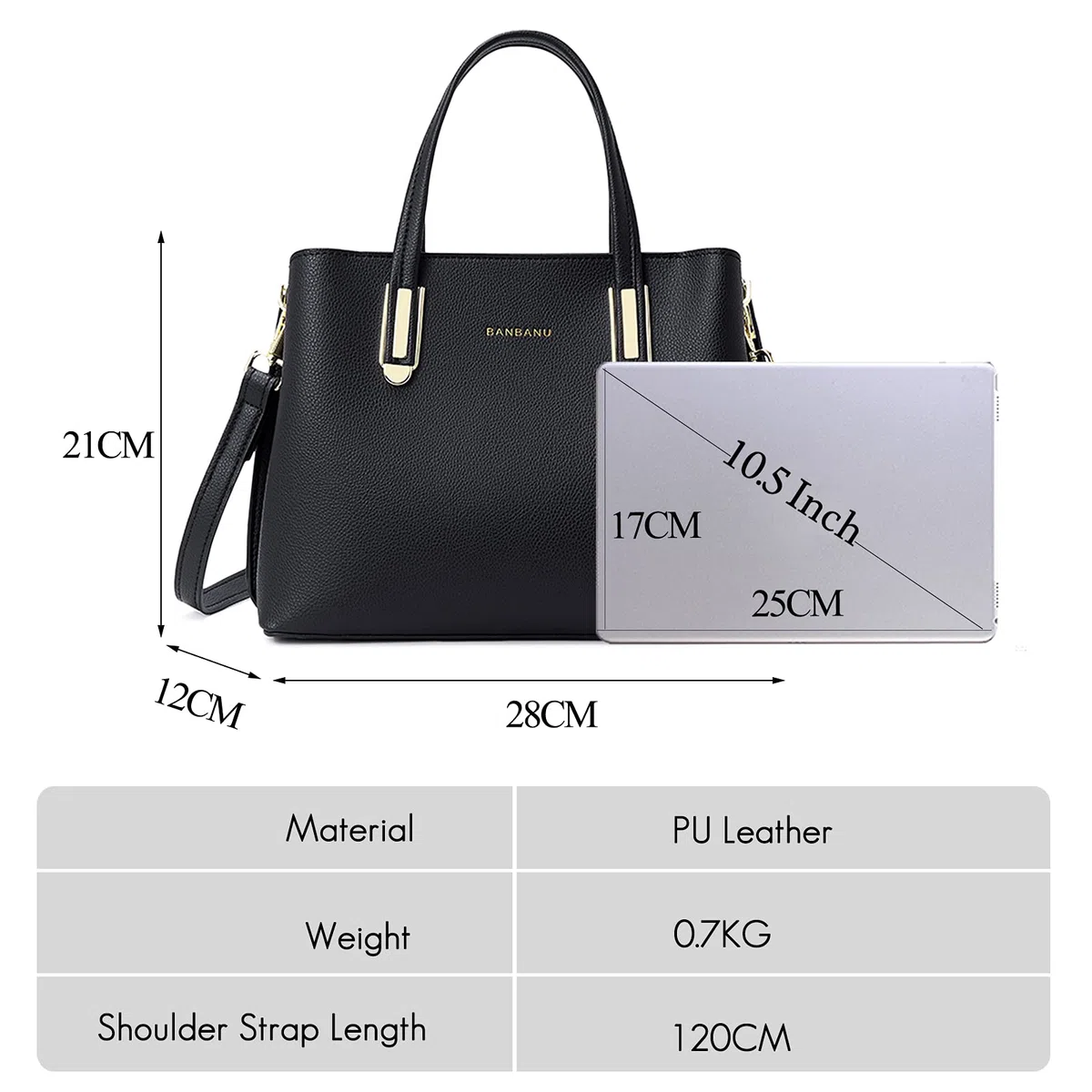 FANDARE Elegante Bolso de Mano Bolsos Cabas Mujer Bolso Bandoleras Cuero PU Impermeable Llevados Hombro Bolso De Hombro Gran Capacidad Compras Escuela Viaje, Negro, large, Elegante