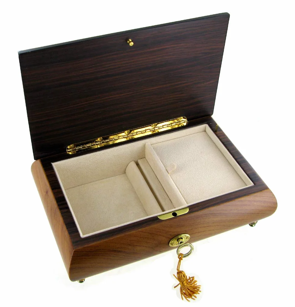 Caja de música para joyas/joyero musical de madera natural con marquetería "instrumentos musicales" y mecanismo musical de resorte de 18 notas - El vals de Amélie Poulain - Amélie (Yann Tiersen)