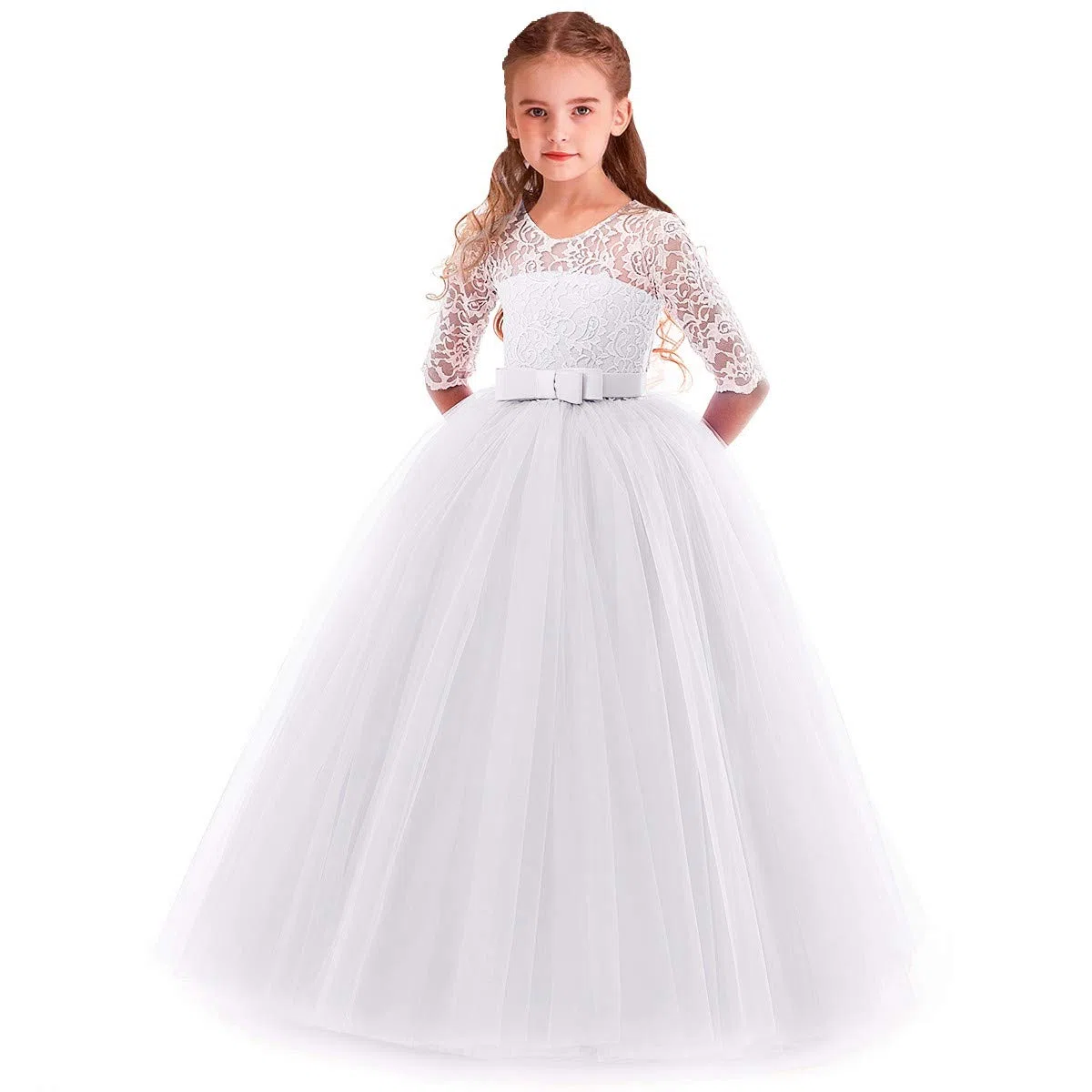 MYRISAM Vestido de Primera comunión con Encaje de Tul y Manga 3/4 para niñas, para cumpleaños, Bautizo, Concurso, Boda, Fiesta, Baile, 3-14 años