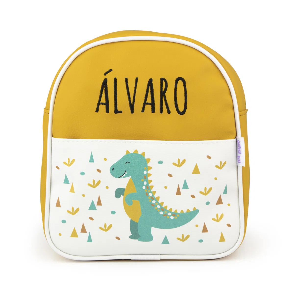 Mochila Bebe Guarderia Personalizada Dinosaurio Mostaza | Mochila Polipiel con Nombre Bordado Personalizado | Mochilas Infantiles con Asas regulables | Fácil Limpieza y Diseño Exclusivo