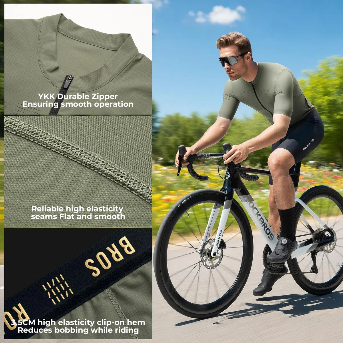 ROCKBROS Maillot Ciclismo Manga Corta para Hombre, Ropa de Ciclismo Verano Transpirable Secado Rápido, Jersey de Ciclismo con 3 Bolsillos para MTB Bicicleta de Carretera