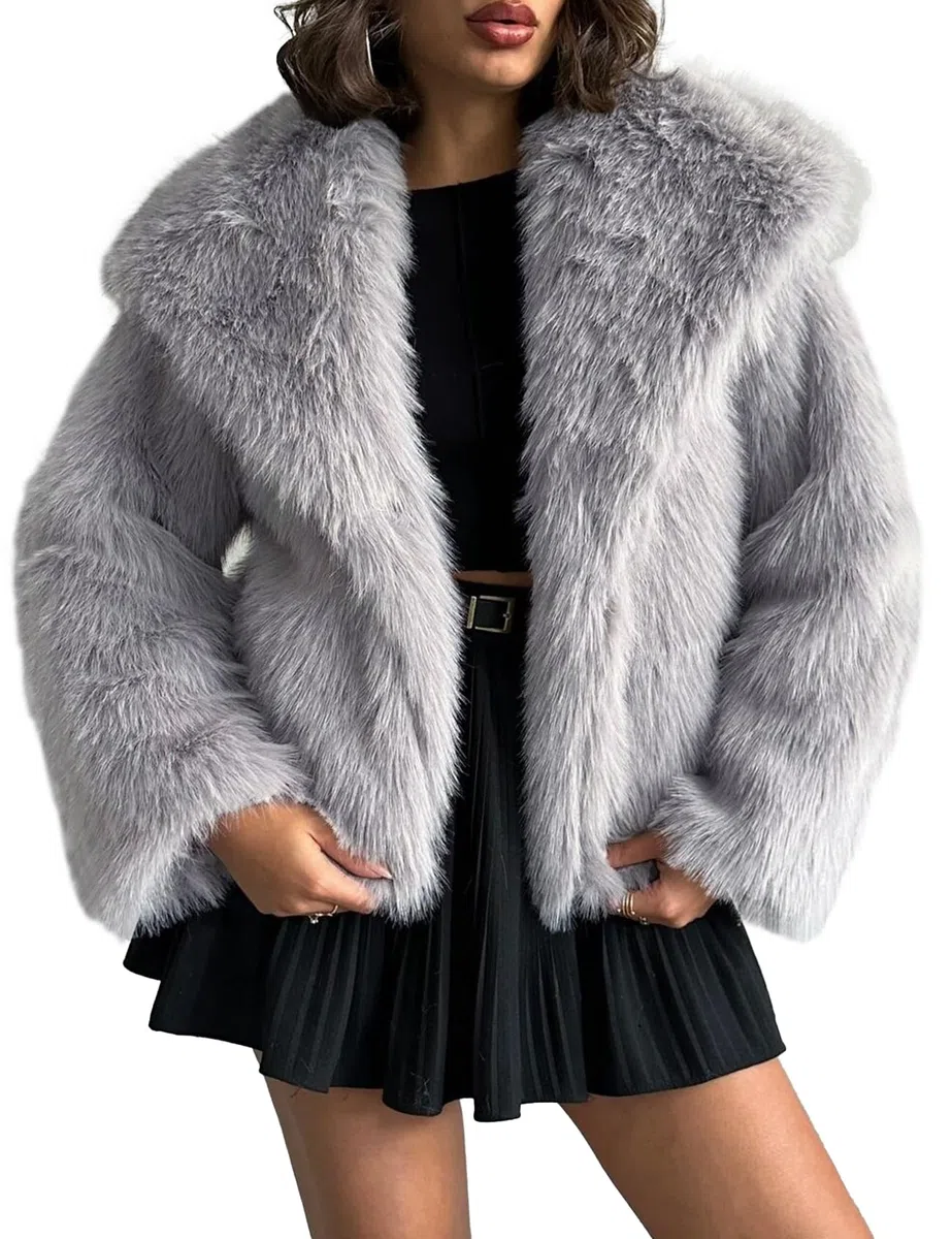 Abrigo de Piel sintética para Mujer Chaqueta de Piel sintética esponjosa Chaquetas de Invierno peludas de Solapa de Manga Larga Abrigo Corto de Parka Peluda