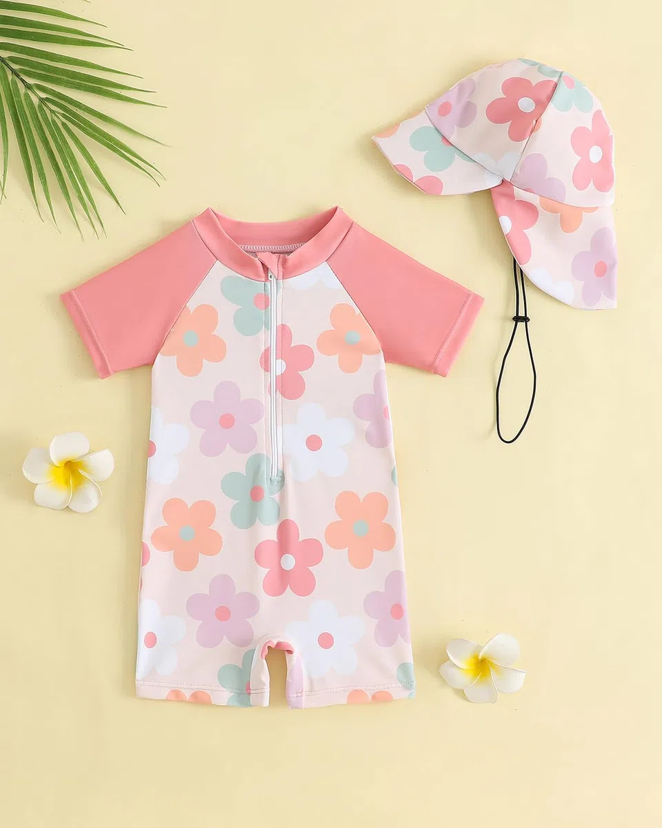 FishingDino Bañador Bebe de una Pieza con Protección UV, Traje Niña y Niño con Cremallera Frontal y Sombrero de Sol Camiseta Solar de Manga Corta