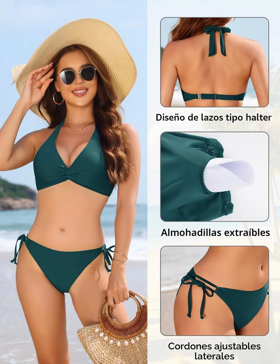 Nadeer Bikini Mujer Push Up Conjuntos de Bikinis Nudo Torcido Cuello Halter Sexy Sin Espalda Traje de Baño Mujer 2 Piezas Cintura Medio con Cordones Verano Piscina Playa Deportivo