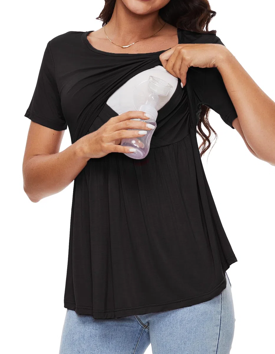 Sosolism Camisetas de Maternidad Fluidas para Embarazo Top de Manga Corta de Lactancia Camisetas de Verano para Amamantar