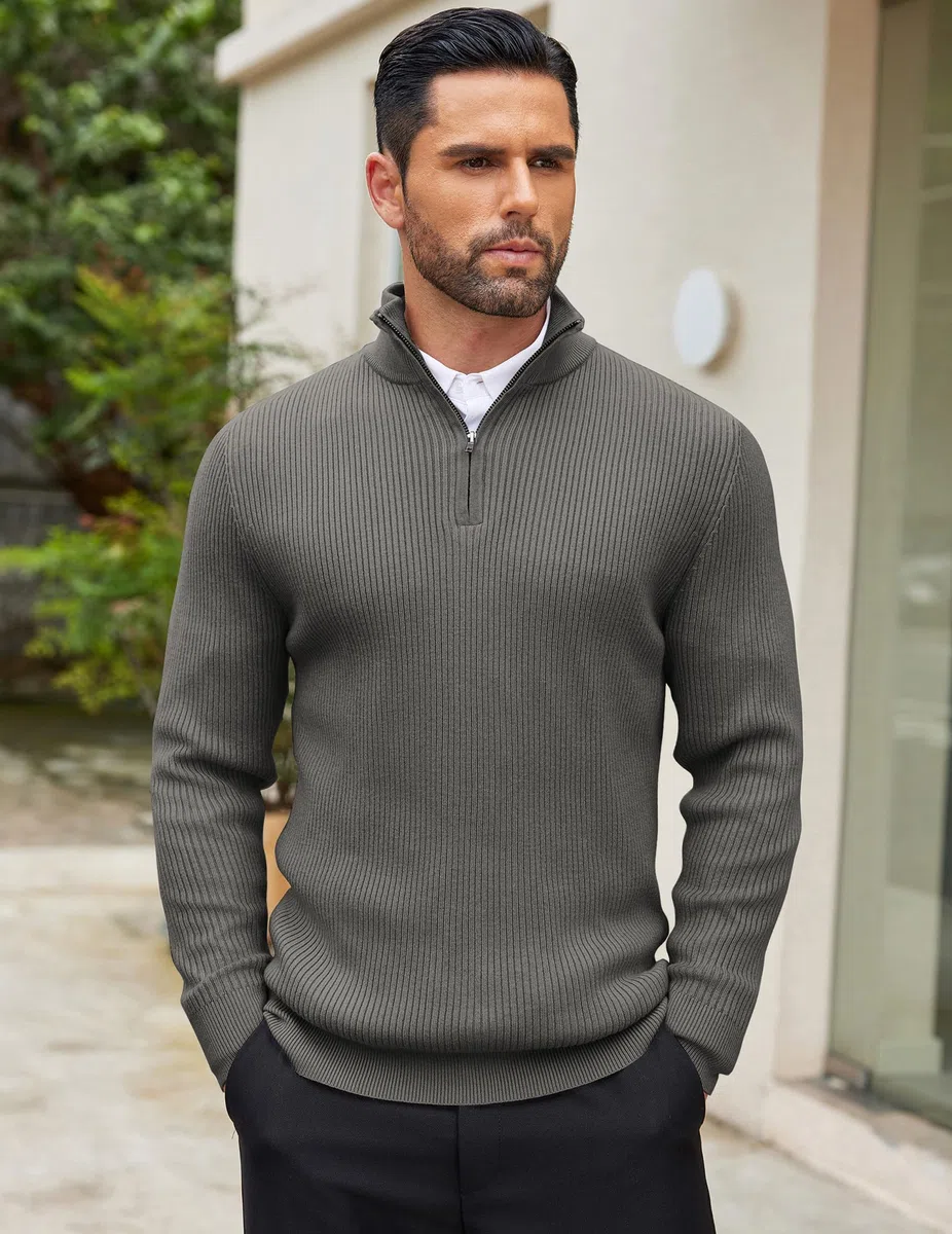 COOFANDY Jersey Hombre Invierno Suéter Cuello Alto Regular Fit Jersey de Canalé con Cremallera de un Cuarto Suéteres de Punto