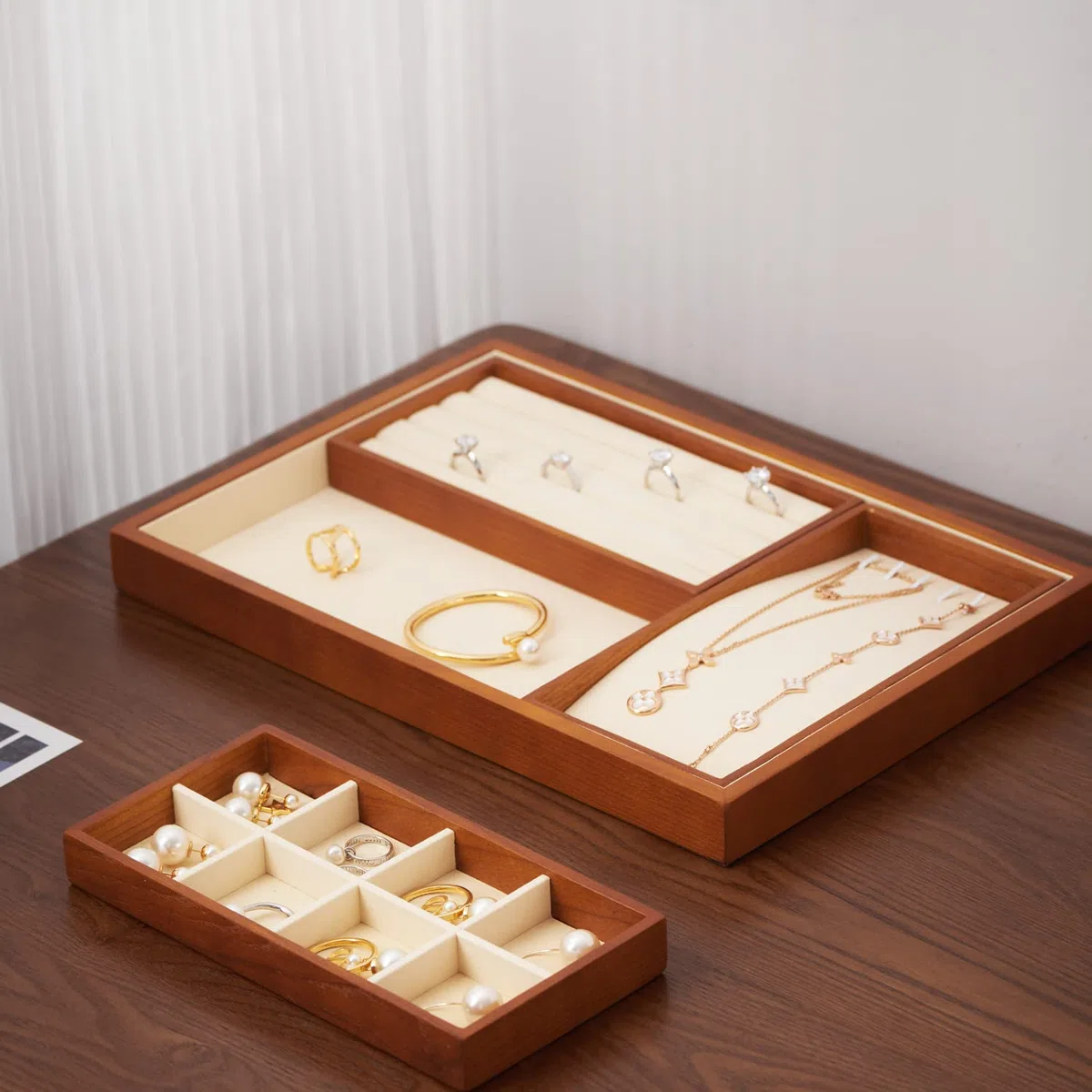 Oirlv Bandeja De Madera Apilable 4 En 1,Para Joyería Anillo Pendientes Pulsera Collar Bandeja Organizadora(Beige)