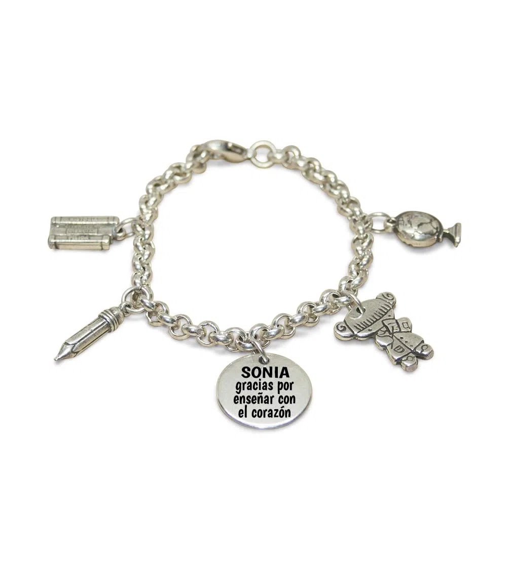 Pulsera charms PROFE. Pulsera de eslabones especial profesoras. Regalos para profesores. Ideal para regalar en fin de curso. Regalos personalizados y originales para profes.