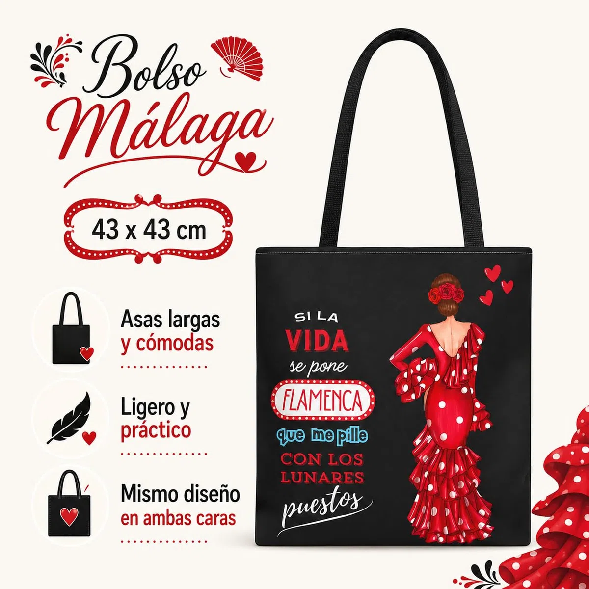 Bolso Tote Flamenco 43x43 cm – Bolsas de Tela con Diseño de Flamenca – Impresión Doble Cara – Asas 60 cm – Poliéster 400 g/m² – Colección Málaga