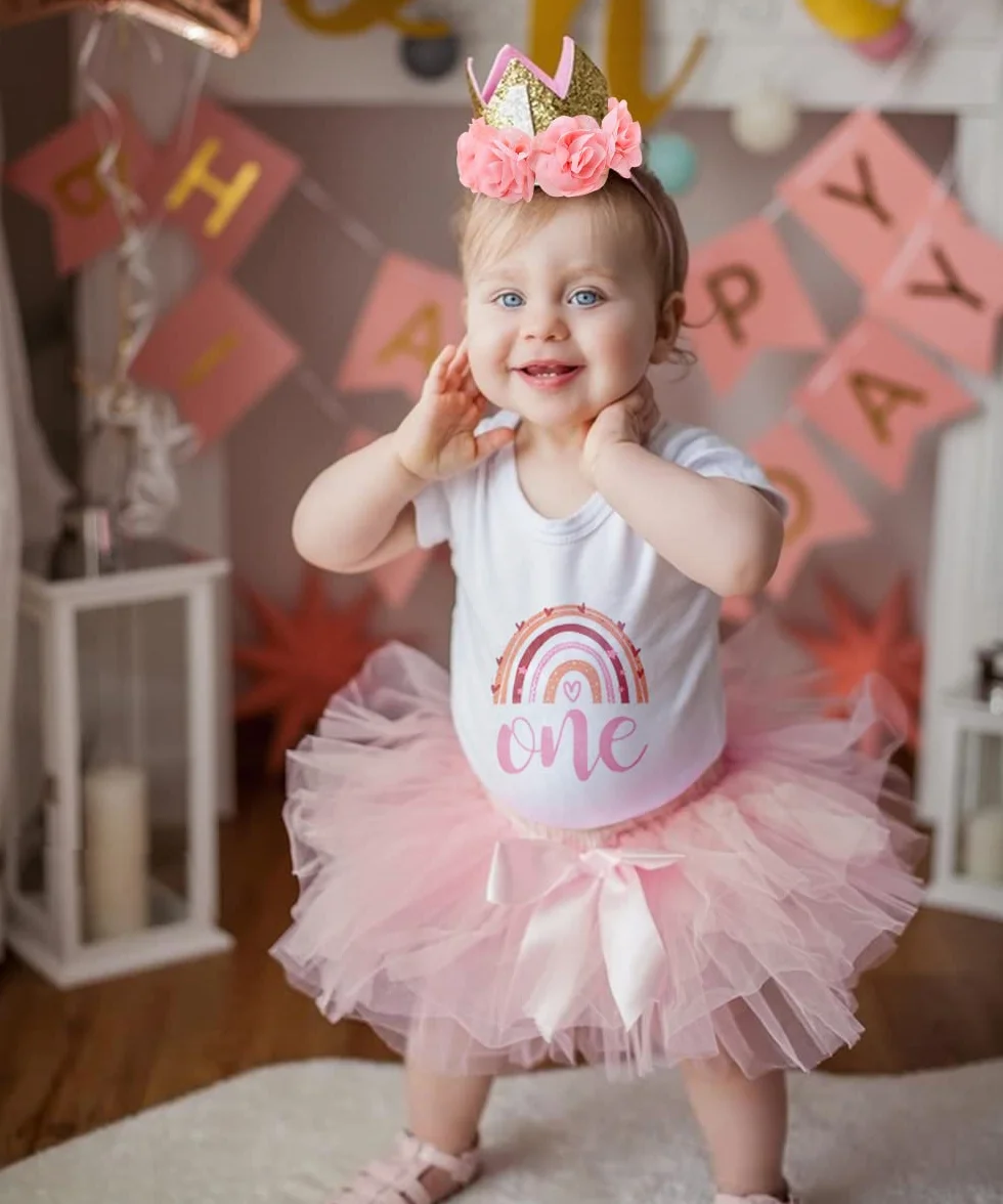 Conjunto Cumpleaños 1 Año Niña, Traje Primer Cumpleaños Bebés, 4 Piezas Set de Ropa Mameluco, Falda de Tutú Rosa, 2 Piezas Bebé Diadema, Bebé Niña Conjunto per la Fiesta, Fotografía