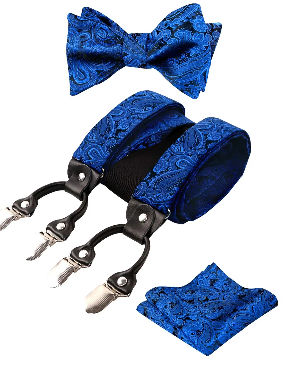 Alizeal Conjunto Ajustable con Estampado Floral para Hombre, Pajarita Auto-Ajustada, Pañuelo de Bolsillo y Tirante en Forma de Y con 6 Clips