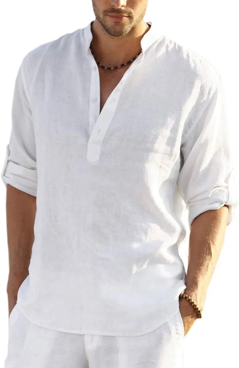 COOFANDY Camisa Henley de Manga Larga para Hombre Camisa de Lino Camisa de algodón Informal de Verano de Ajuste Regular