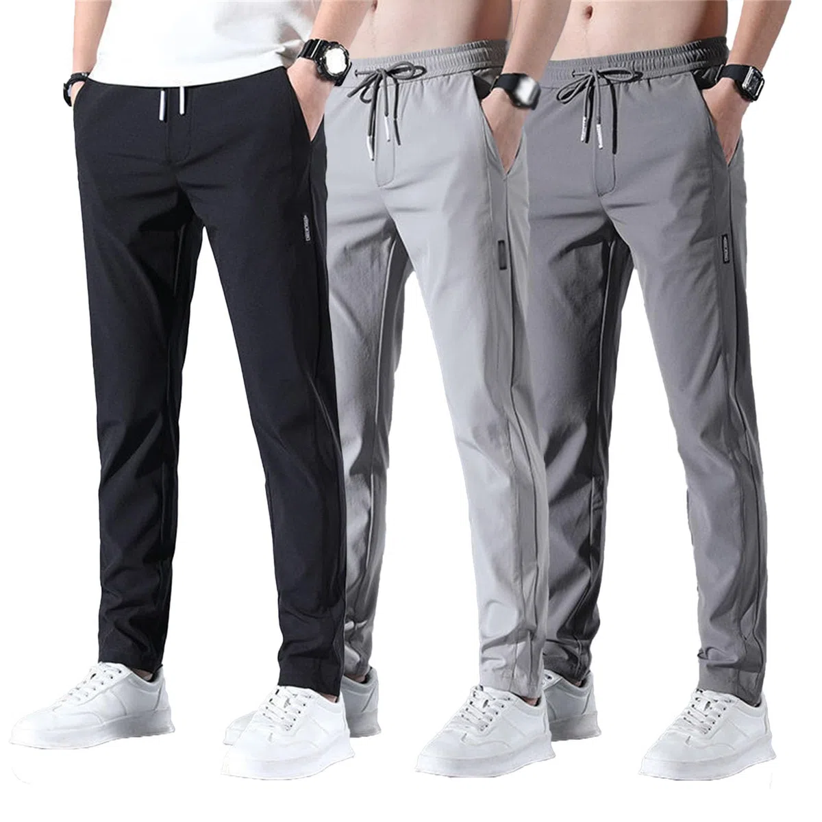 Pack de 3 pantalones ligeros para hombre, transpirables, de secado rápido, elásticos, con cordón y bolsillos con cremallera