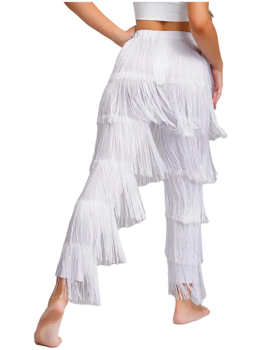 iiniim Pantalones de Baile Latino para Mujer con Flecos, Traje Negro Elegante con Cintura Elástica, para Tango y Clases de Baile de Salón