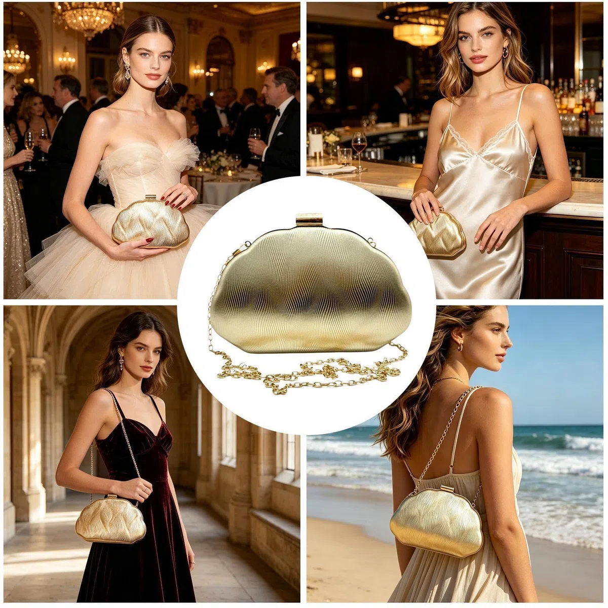 Clutch Dorado De Noche Para Mujer Elegante,Correa De Cadena En Piel Sintética Dorada Moderna | Bolsos para cóctel, boda y graduación,, uso diario, eventos formales y ocasiones casuales elegantes