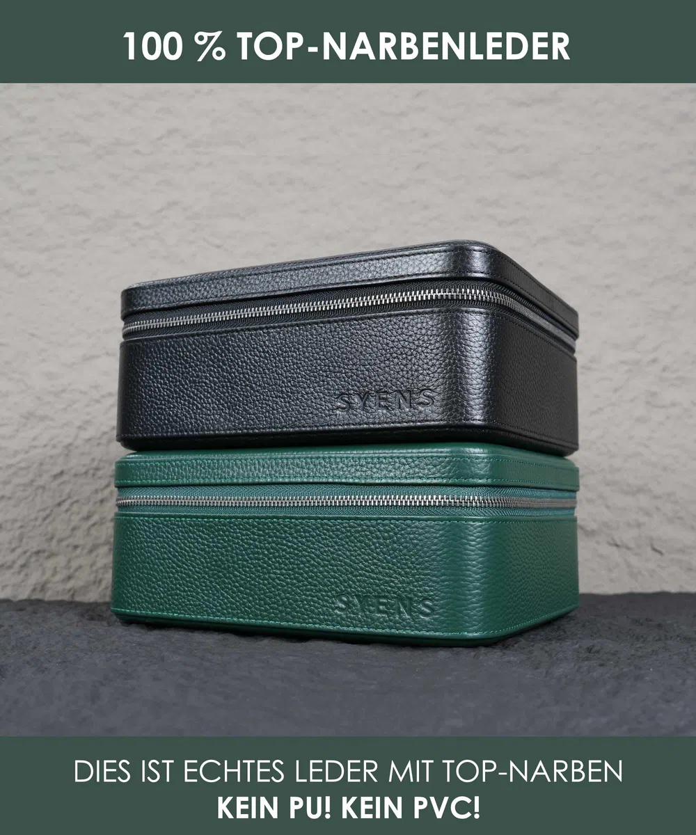 Caja de cuero auténtico para hombre, estuche de viaje con compartimento para gafas, bolsa de transporte de piel auténtica granulada para 3 relojes, rollo de viaje, cremallera (verde)