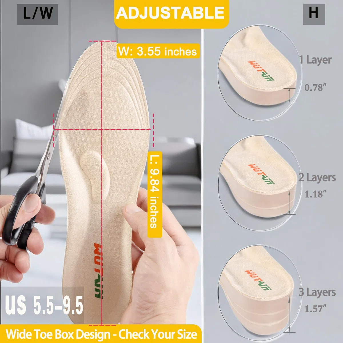 WUTAIN Plantillas de aumento de altura ajustable para mujeres y hombres, 3 capas de gel para elevación de talón para discrepancia de longitud de pierna, dolor de talón, espolones, tendinitis de