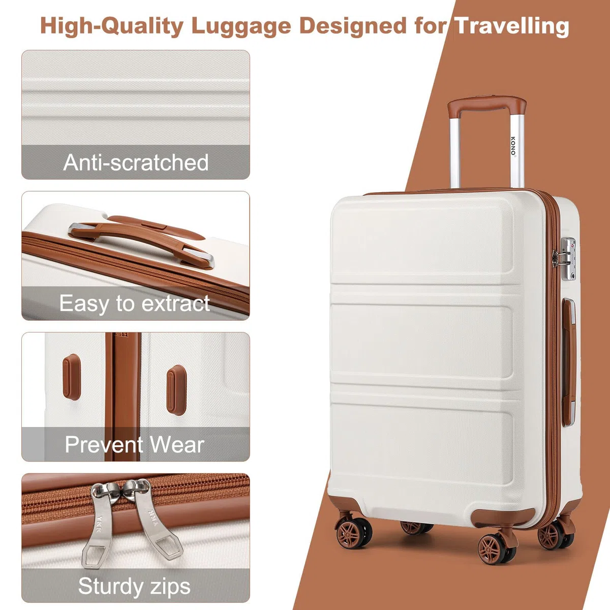 Kono Maleta de Mano Grande 23 Kilos Maleta Grande 75cm con Material ABS con Cerradura TSA y 4 Ruedas（L,Crema Claro）