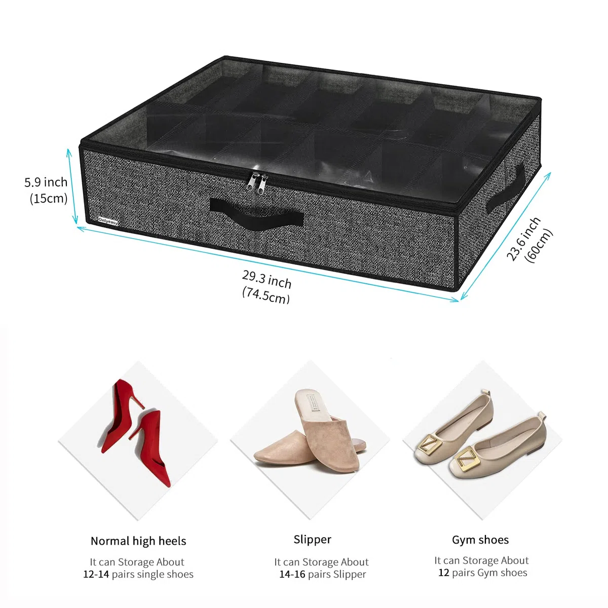 homyfort Juego de 2 Organizador de Zapatos Debajo de la Cama - Titular, Bolsas con Tapa Transparente 12 Pares x 2 Caja Plegable de Almacenaje, Negro Lino, XAUBSB2P