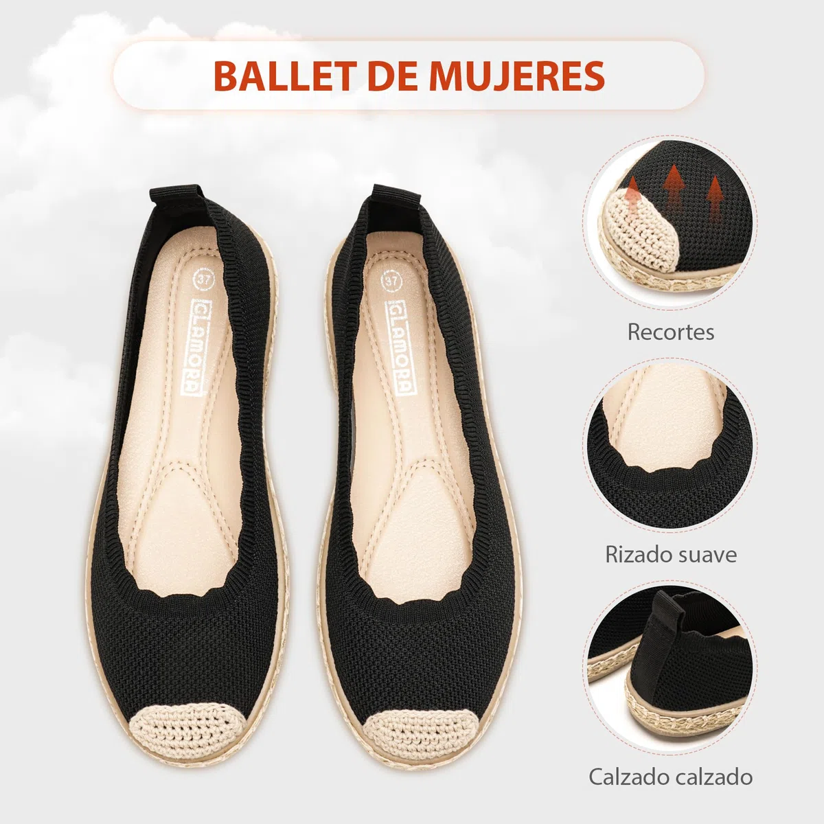 GLAMORA Alpargatas Mujer de Punto Transpirable con Suela de Goma Efecto Esparto, Zapatos Planos Tipo Bailarinas Manoletinas Cómodas Slip On, Alpargatas Mujer Ligeras Punta Redonda