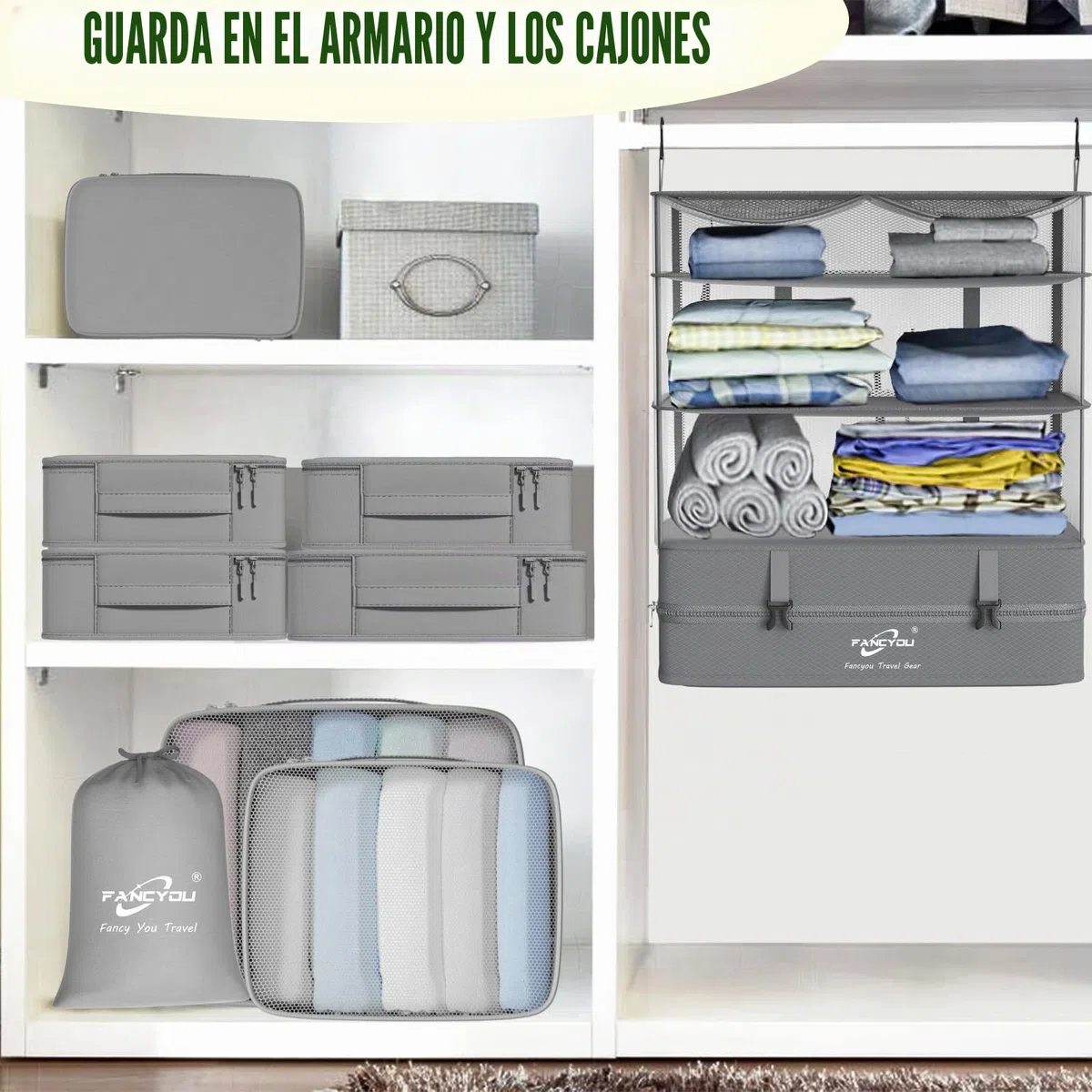 Cubos Colgantes para Organizar Maletas, Armario Portátil de Tela de Nylon Mejorada 44 * 30 * 65cm, Compresión para Embalar y Desembalar en un Solo Paso para Viajes de Negocios (Gris)