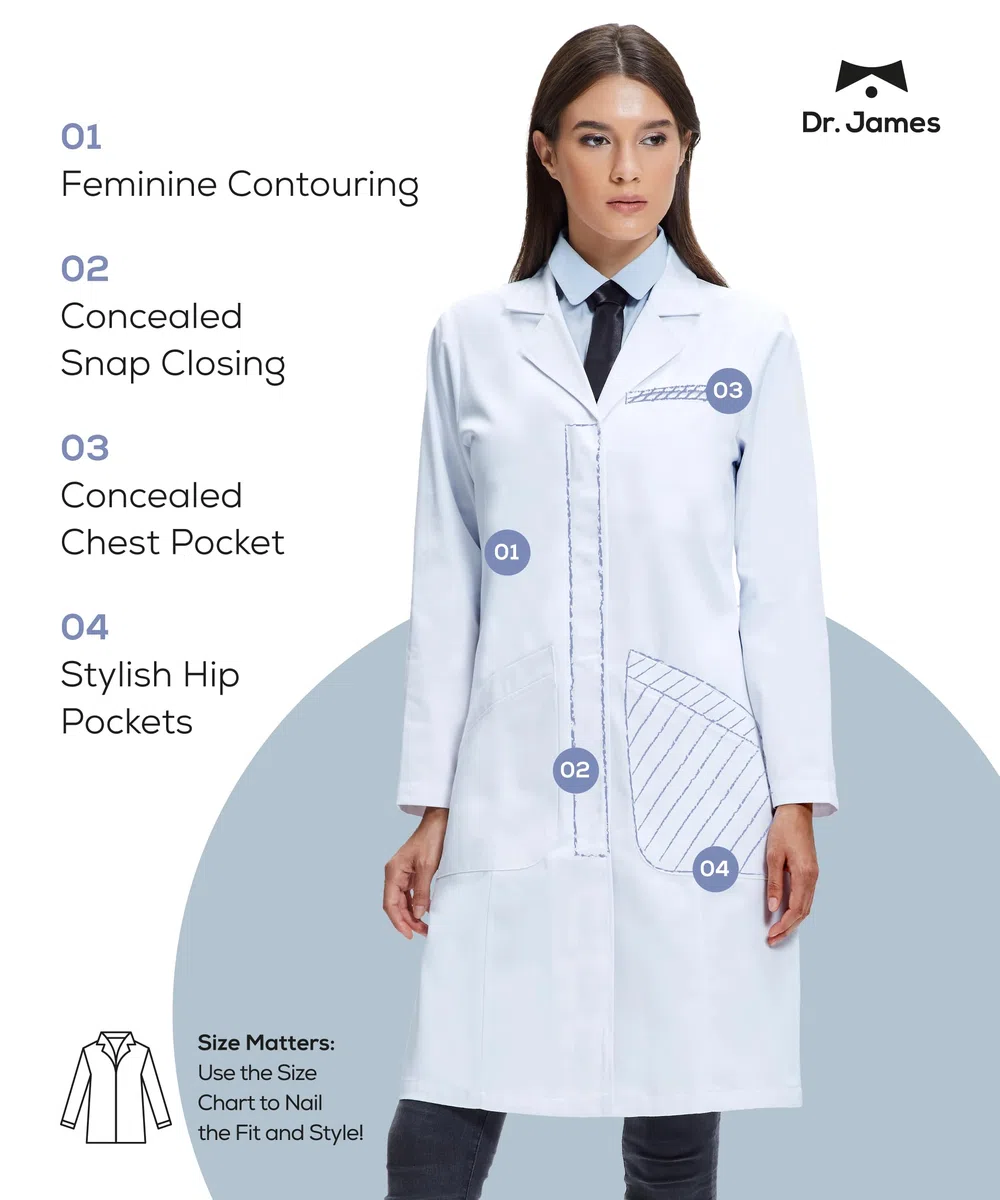 Dr. James Bate de laboratorio Premium mujeres, con múltiples bolsillos, ajuste clásico, cierre a presión oculto