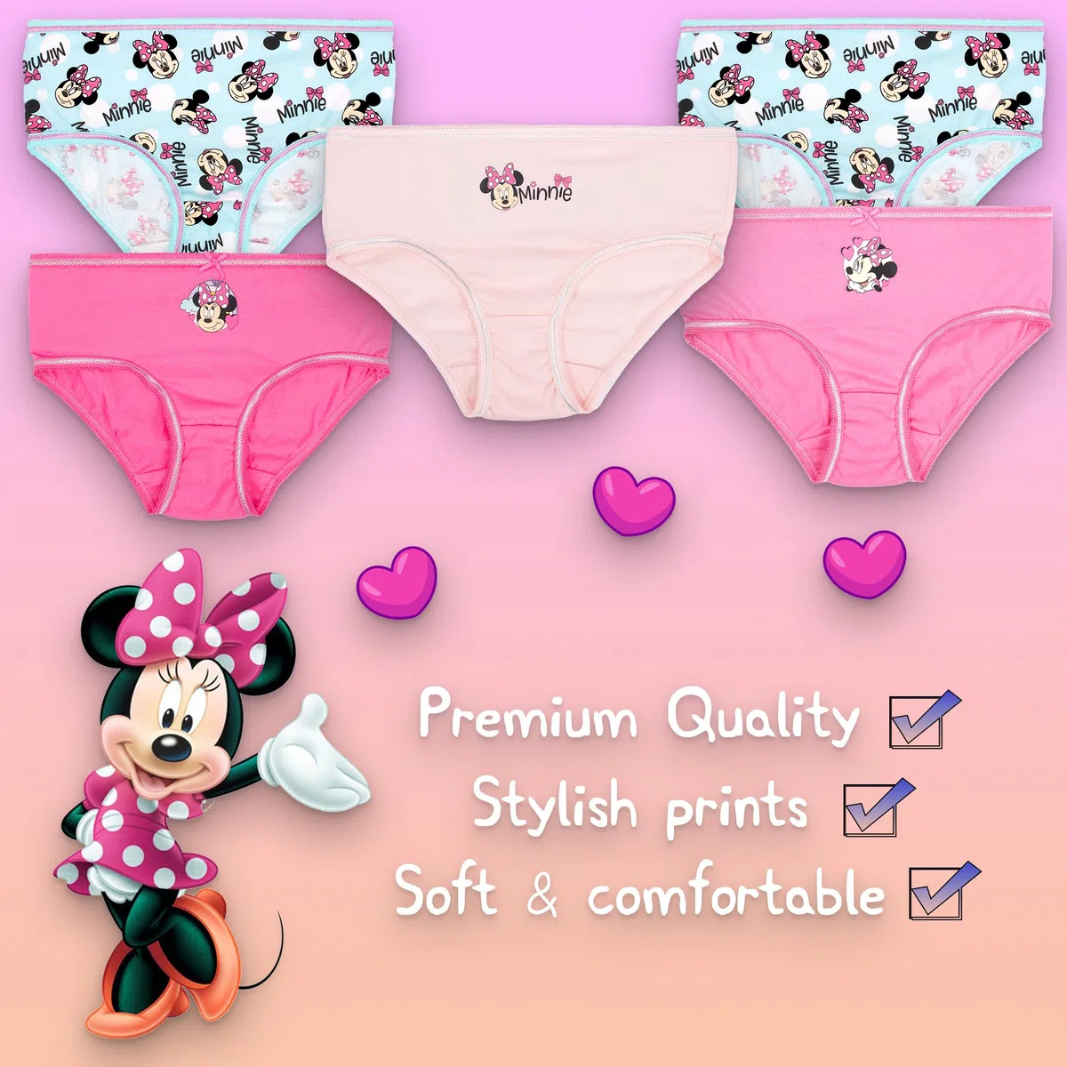 Disney Bragas suaves 100 % algodón para niñas, ropa interior para niñas, paquete de 5 con 5 diseños diferentes, color rosa, edad 5/6