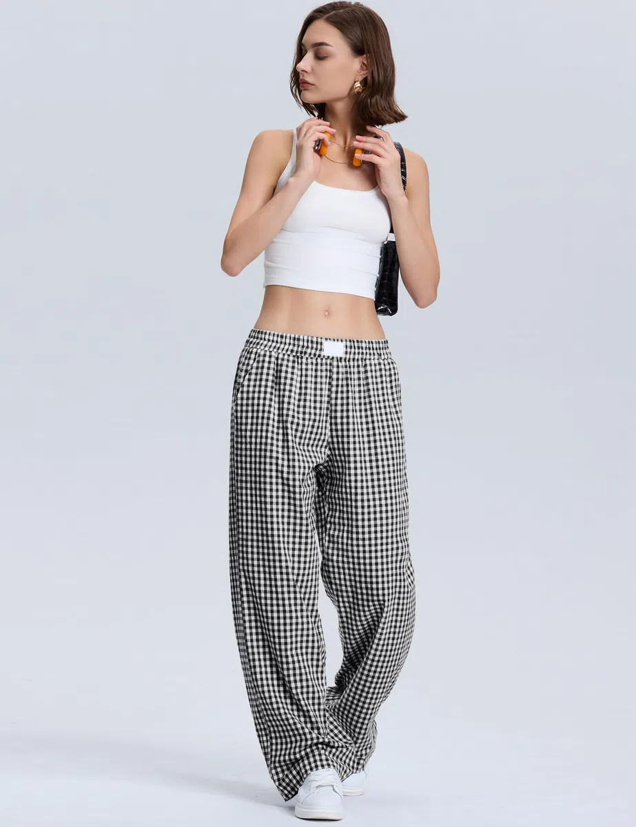 Rapbin Pantalones de pijama para mujer, largos de verano 2026, de algodón, a cuadros, pantalones de dormir suaves y casuales con bolsillos